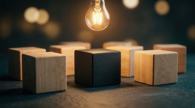 A single black cube stands out among wooden blocks representing innovation value realization and tangible outcomes.