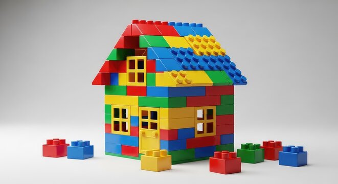 Una maqueta de casa colorida construida con bloques de juguete de pl&aacute;stico sobre un fondo neutro, ideal para conceptos de arquitectura y hogar, planificaci&oacute;n, multicolor, bloques