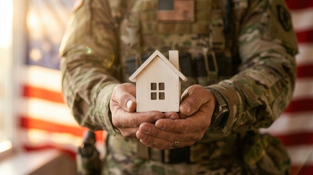 Veteran home loan concept showing a soldier holding a house model with USA flag background.