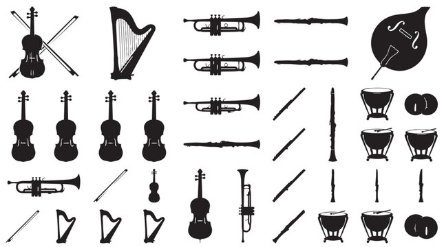 Set of musical instruments silhouettes vector illustrations with instruments orchestra classical