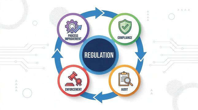 Infographic illustrating the regulatory cycle connecting compliance, audit, enforcement, and process improvement.