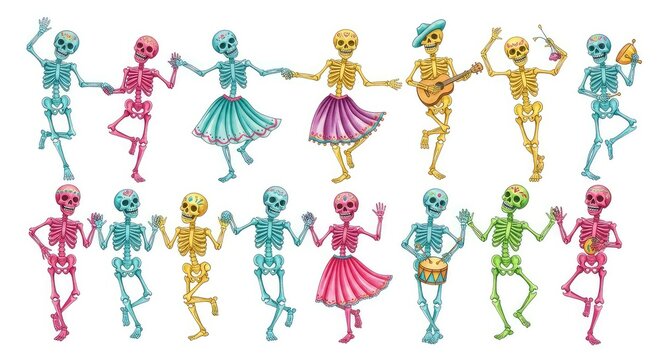 Vibrant watercolor sketches of happy skeletons painted in bright colors dancing joyfully on a plain white background, artistic and festive, isolated, bones, abstract