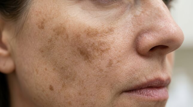 Detailed view of skin hyperpigmentation and cosmetic treatment results on a female face.