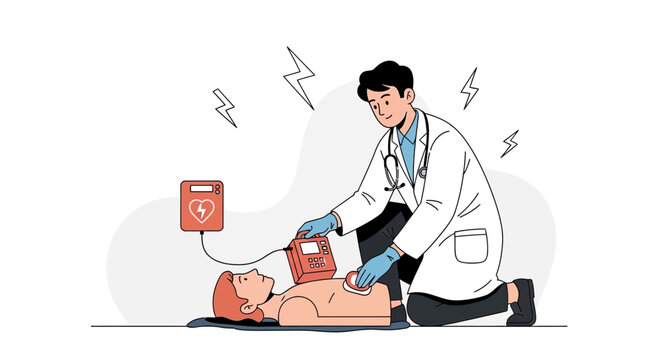Doctor performing defibrillation on patient with automated external defibrillator (AED) in flat design illustration style.