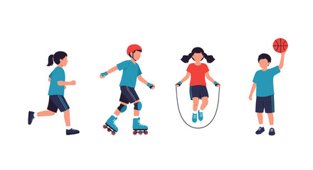 Obraz premium Four active children demonstrate various healthy physical activities including running, roller skating, jumping rope, and playing basketball.