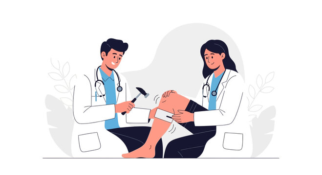 Doctors performing knee reflex test with reflex hammer, illustration of medical examination and healthcare