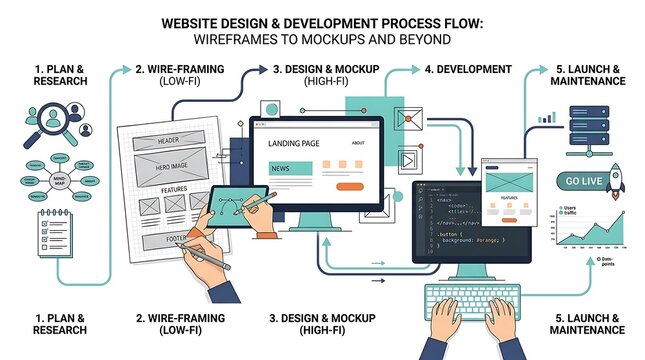 Website design and development process flow from wireframes to mockups