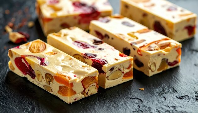 Artisanal fruit and nut nougat bars with a creamy texture, showcasing embedded fruit pieces and nuts