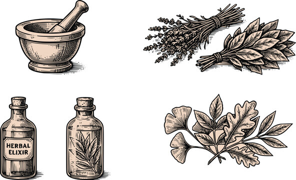 Herbal medicine vintage engraving set with mortar and elixir bottles