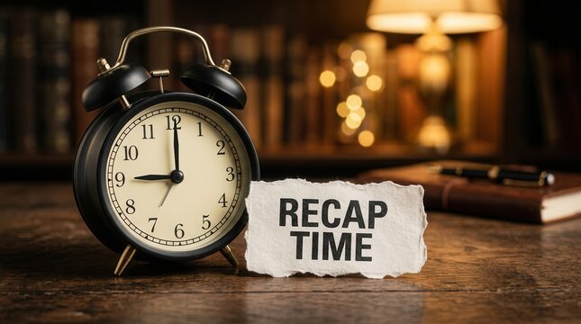 Organized schedule planning and daily reflection represented by an alarm clock and recap time note.