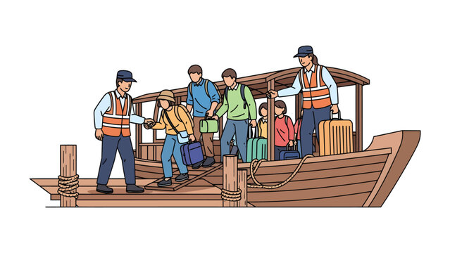 Embarking on an Adventure: People disembarking from a boat at a pier, carrying luggage and guided by crew members, signifying the start of a journey.
