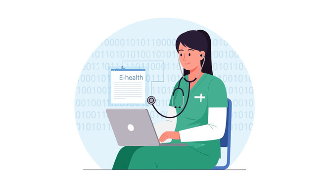 Doctor using laptop for E-health and telemedicine, with binary code background.