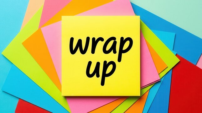 A colorful paper background featuring a yellow sticky note with words wrap up for meeting summaries.