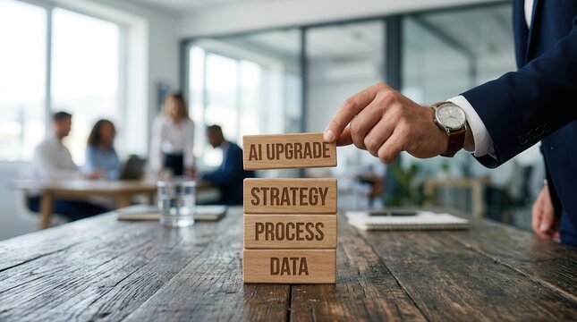 A businessman placing an AI upgrade block on a stack of data, process, and strategy foundation blocks.