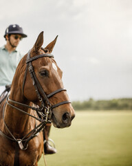 Obraz premium Elegant portrait of a focused Polo Pony with its rider in the background. Luxury equestrian sport concept with copyspace for high-end branding and advertising.