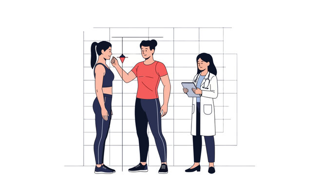 Doctor measuring patient's height next to fitness trainer and stadiometer on a grid background, symbolizing health and fitness assessment.