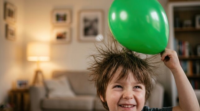 Kid learns physics through a fun science experiment with a green balloon and static electricity at home.