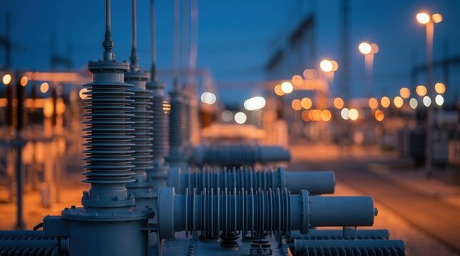 Large electrical transformers within a power substation featuring soft evening lights.