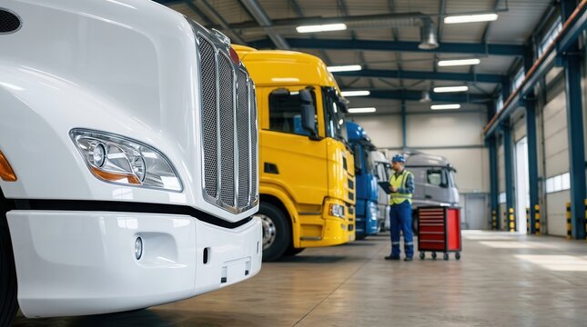 Logistics center worker checks a fleet of trucks prepared for efficient industrial distribution.