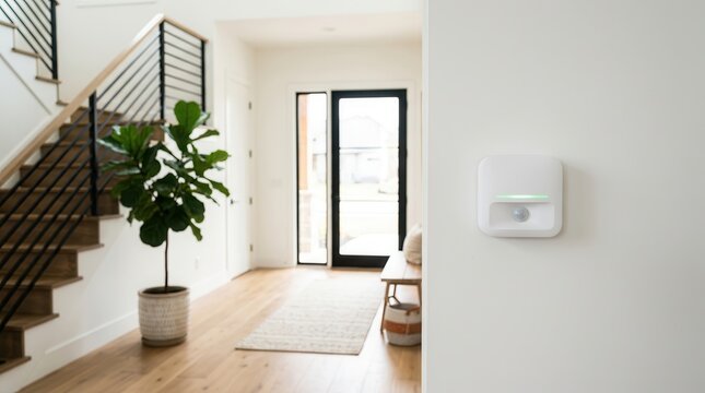 Sleek motion sensor design of a wireless home security alarm system protecting the interior.