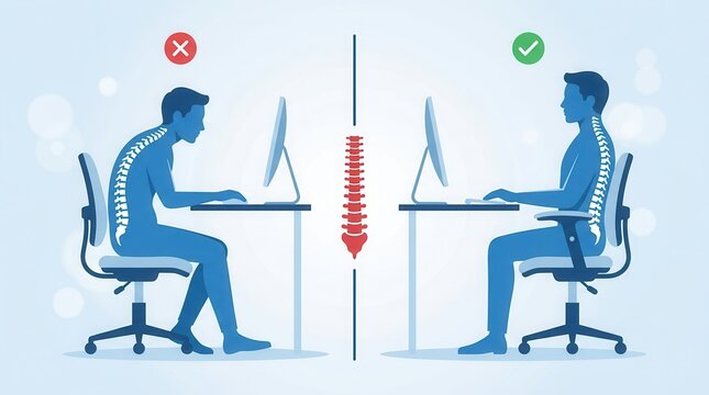 Man sitting with bad posture compared to straight back for better spinal alignment.
