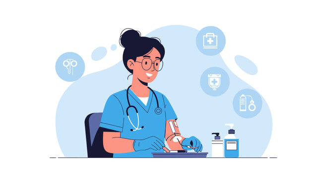 Nurse Administering Injection with Medical Icons and Sanitizer