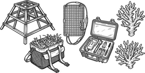 Coral Reef Restoration and Marine Conservation Equipment Icon Set with Artificial Reef Frame Nursery Basket Testing Kit and Branching Coral Sketch Vectors © monoara