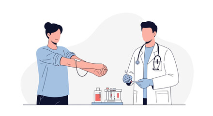 Fototapeta premium Doctor Performing Blood Draw from Patient for Medical Testing in Modern Flat Illustration Style