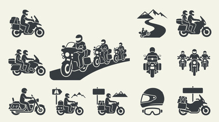 Obraz premium Collection of Motorcycle Rider and Adventure Icons, depicting various bike activities in bright studio background.