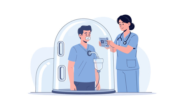 Nurse assisting patient in hyperbaric oxygen therapy chamber for medical treatment and recovery