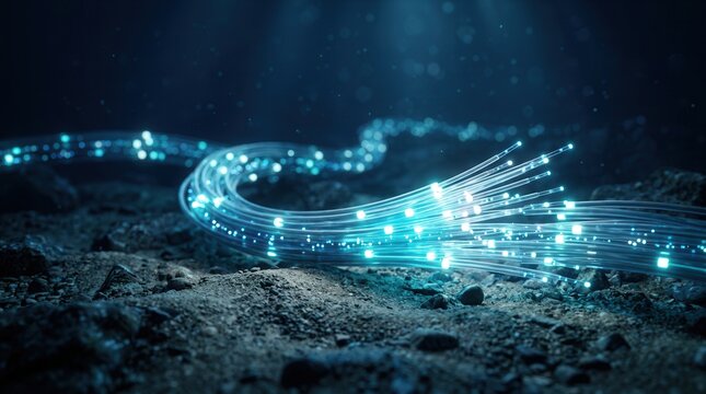 Underwater network infrastructure showing glowing fiber optic cables and data flow on the ocean floor.