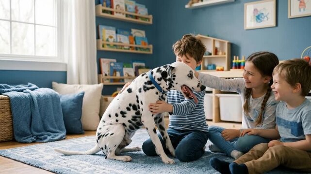 happy boy with dalmatian dog cozy blue environment video