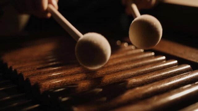 close up of hands playing a wooden xylophone with mallets