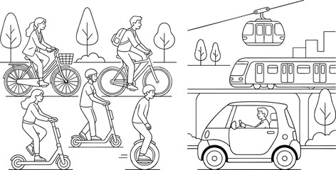 People using eco friendly urban transport methods like bicycle electric scooter and small car line art. © Mina Begum