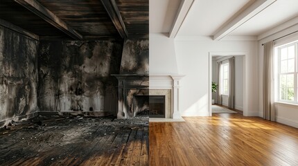 Naklejka premium A comparison of charred walls and damaged floors versus a repaired clean room after fire restoration.