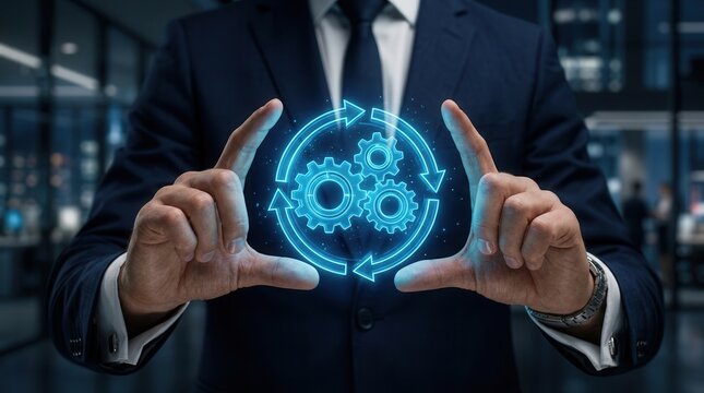 Operational transformation concept showing interlocking gears and circular arrows held by a professional.