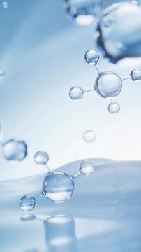Vertical video of 3D molecular structures floating over a smooth liquid surface. Copper peptides and skincare formula animation. Science and cosmetic technology concept. Copy space