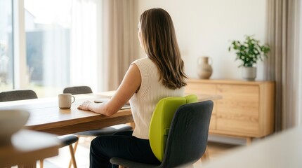 Obraz premium A woman using a green orthopedic cushion for better sitting posture while working.