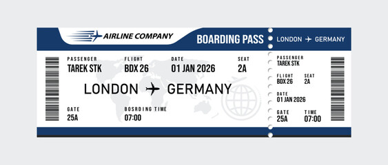 White airline boarding pass for london to germany flight, dated january 1, 2026, with passenger and ticket details