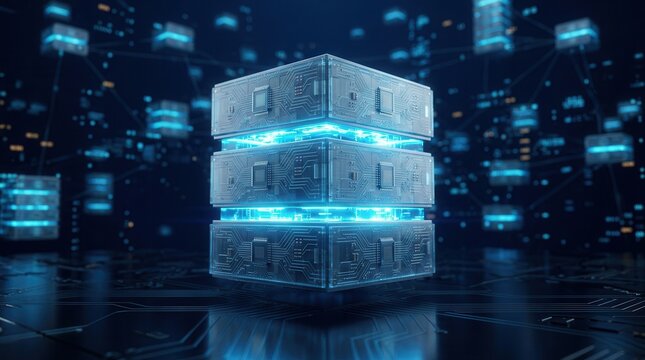 Visualization of data flow and database migration between glowing server nodes.