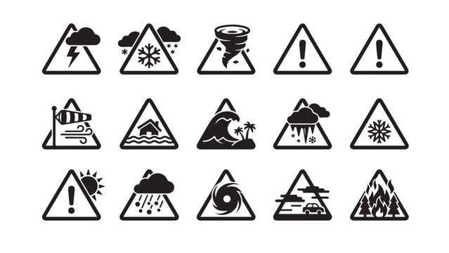 Weather warning and natural disaster alert icons in triangular hazard signs