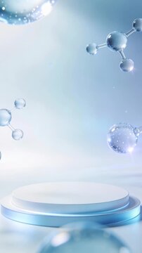 Vertical video of a white circular podium for product display. Floating 3D molecular structures and translucent bubbles in a scientific setting. Skincare and biotechnology concept. Copy space