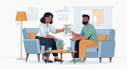 Fototapeta premium Two people sitting on a couch and exchanging a document. A woman on the left is holding a document, and a man on the right is taking it. They are both sitting in a living room setting.
