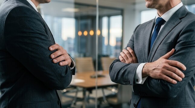 Business professionals standing in a negotiation standoff with crossed arms and blurred background.