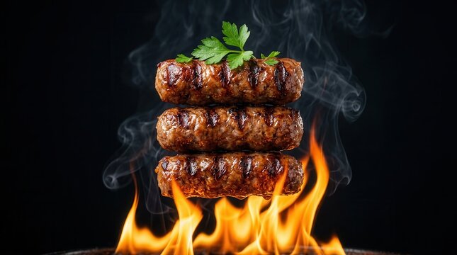 Juicy smoky cevapcici sausages with grill marks and fresh herb garnish over fire.