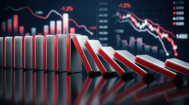 Business risks unfolding in a domino effect, showing the cascading consequences of a chain reaction.
