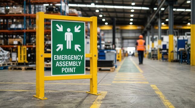 Workplace emergency preparedness sign showing the emergency assembly point in an industrial warehouse.