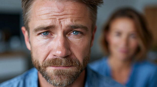 Ein nachdenklich wirkender Mann mit Bart schaut ernst in die Kamera, w&auml;hrend im Hintergrund eine Frau unscharf zu sehen ist.
