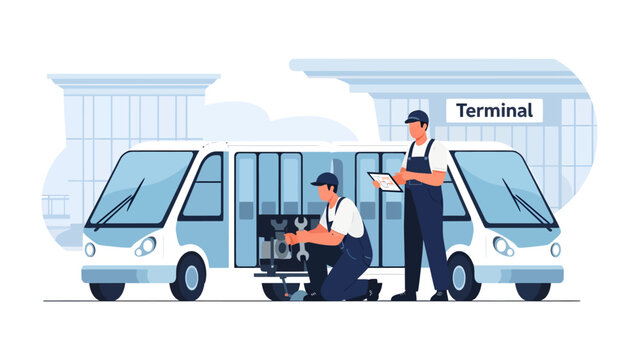 Shuttle Bus Maintenance: Two technicians perform essential maintenance on a shuttle bus outside a terminal building, highlighting transport services and operational upkeep.