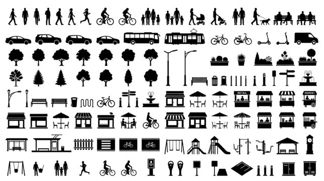 Urban City Silhouette Mega Bundle &ndash; People, Cars, Trees, Storefronts, Street Furniture & Public Space Elements
